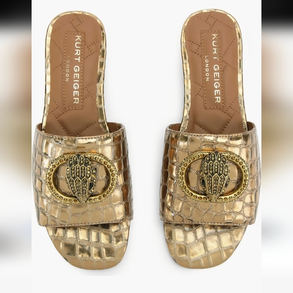 Kurt Geiger Shoes - Kurt Geiger Gold Croc-Texture Slide Mules with Embellished Medallion.  New